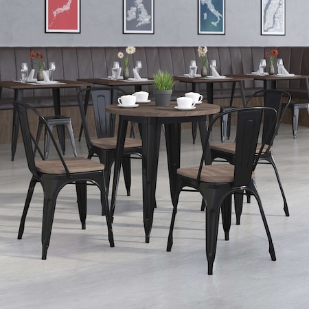 Flash Furniture Round Round Black Metal Table Set with Wood To, 26" W, 26" L, 30.5" H, Wood, Wood Grain CH-WD-TBCH-24-GG